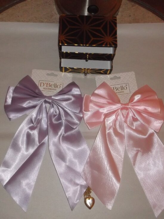 D’Bello Accessories - NWT Satin Hair Bows + Heart Necklace Bundle – Lavender & Pink Gift Set